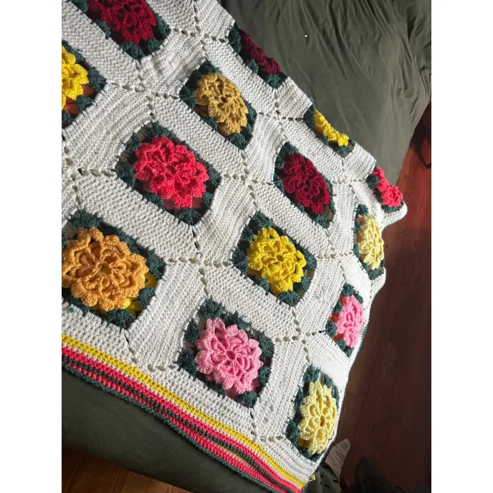 Vintage Granny 3D Rose Square Crochet Afghan Blanket Multi Color Handmade Flower